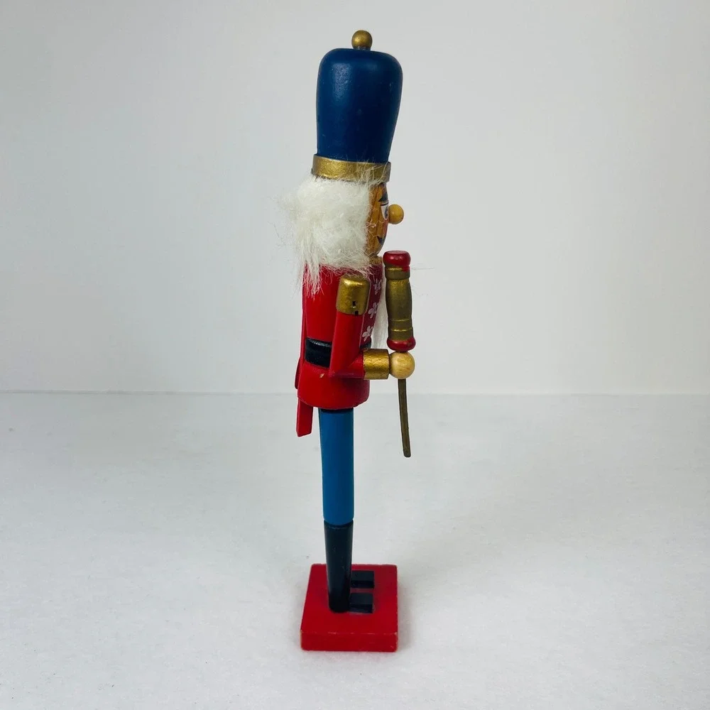 Vintage Wooden Nutcracker Soldier Red Blue Uniform Christmas Decor 9 Inch
